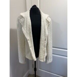 DD Collection Blazer Womens Size M Ivory Boucle Open Front Sequin Fringe sku586